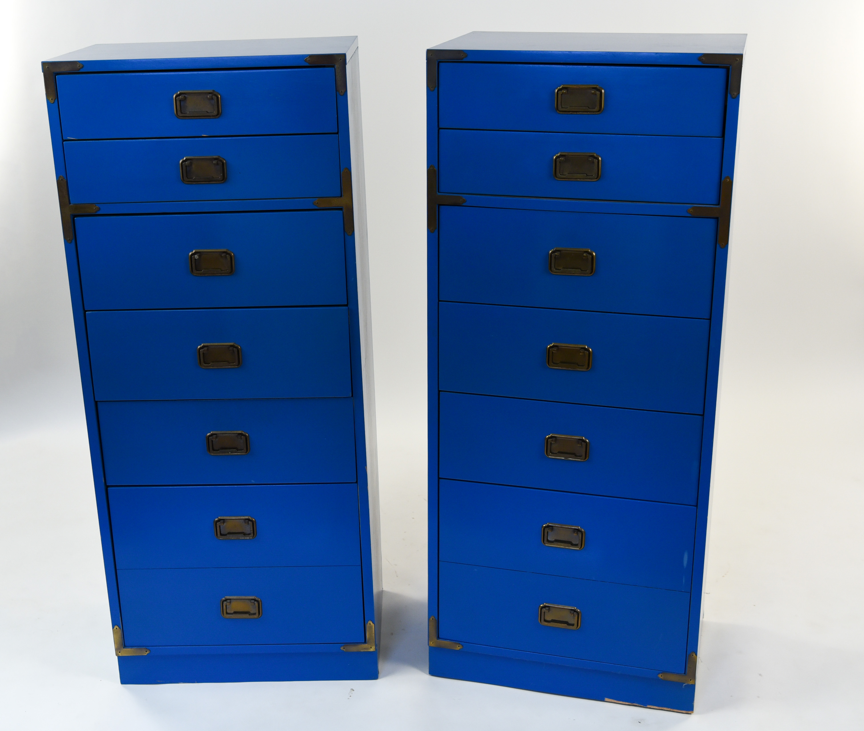 Pair Campaign Style Blue Tall Chests Of Drawers Lofty Marketplace