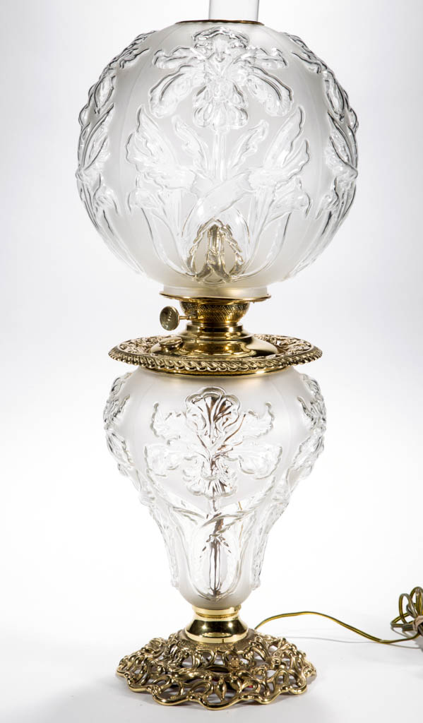 Electrified Antique Oil Lamp, Clear Regal Iris GWTW Lamp by Pittsburgh Lamp  Brass and Glass Co.