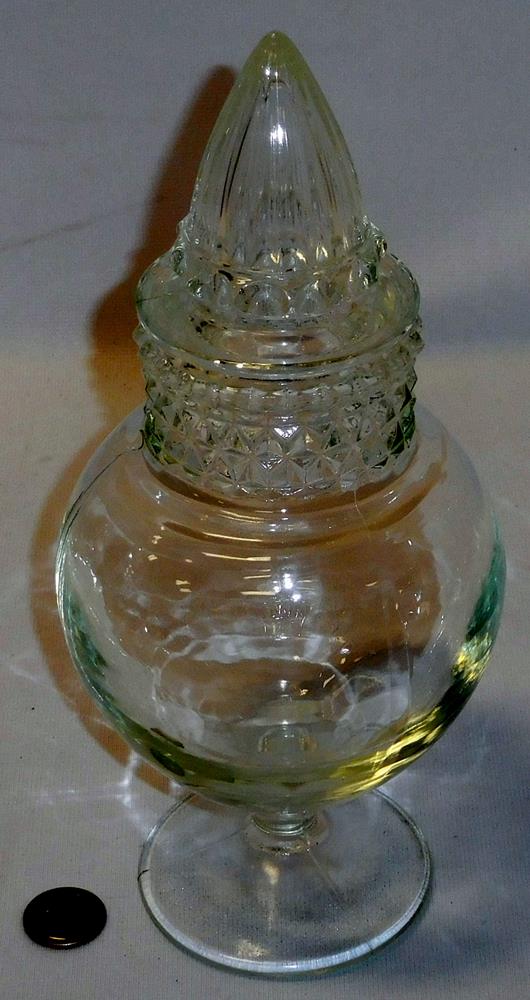 Rare Blue Green Antique Tiffin Dakota Glass Apothecary Jar Cathedral Lid Authentic Drug Store Apothecary Jar/Globe Shape Diamond Band