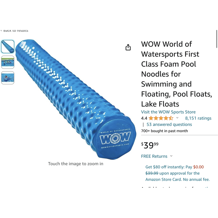 WOW First Class Foam Pool Noodle (Blue-250lbs Max)