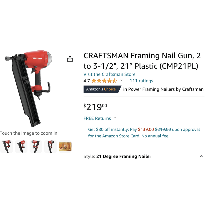 Craftsman Framing Nail Gun, 2  To 3-1/2", 21 Degree Plastic (CMP21PL)