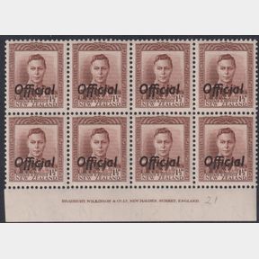 NZ Officials, 1938 1½d GVI chocolate imprint block of 8. CP MO4a. Cat $2100. …