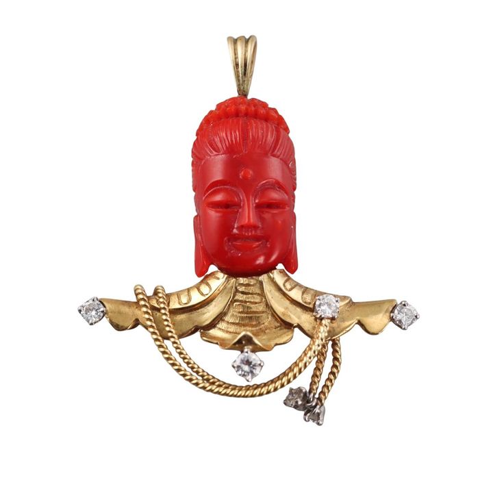 18k Gold Carved Coral Diamond Pendant