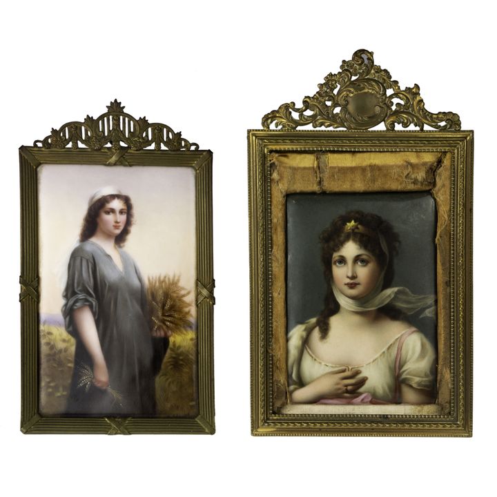 (lot of 2) German porcelain plaques within gilt metal easel frames