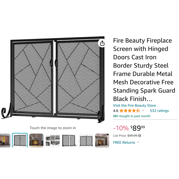 Fire Beauty Fireplace Screen w/ Hinged Doors Cast Iron Border Sturdy Steel Frame w/ Durable Metal Mesh (Black Finish) 37.08"L x 30.7"H