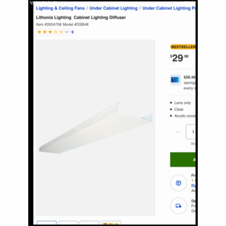 Lithonia Lighting 4ft Cabinet Lighting Diffuser LENS ONLY