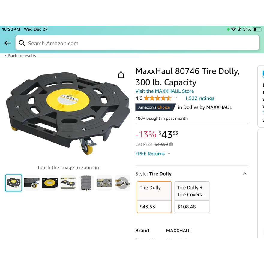 MaxxHaul 80746 Tire Dolly, 300lb Capacity