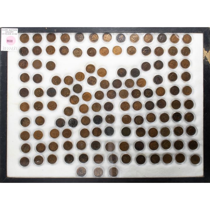 Collection of (133) Indian Head pennies, mounted in a frame, dates ranging from 1901 to 1908
