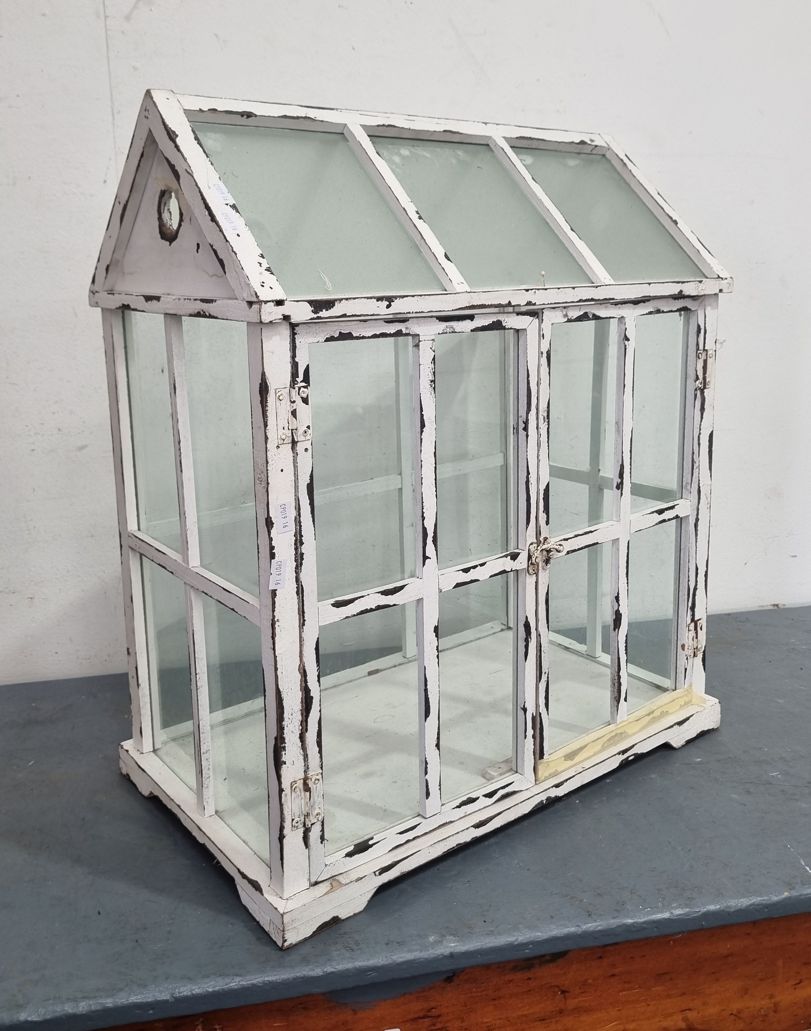 A WHITE PAINTED MINIATURE GREENHOUSE