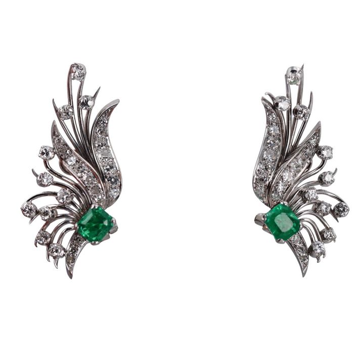 Midcentury Platinum DIamond Emerald Earrings