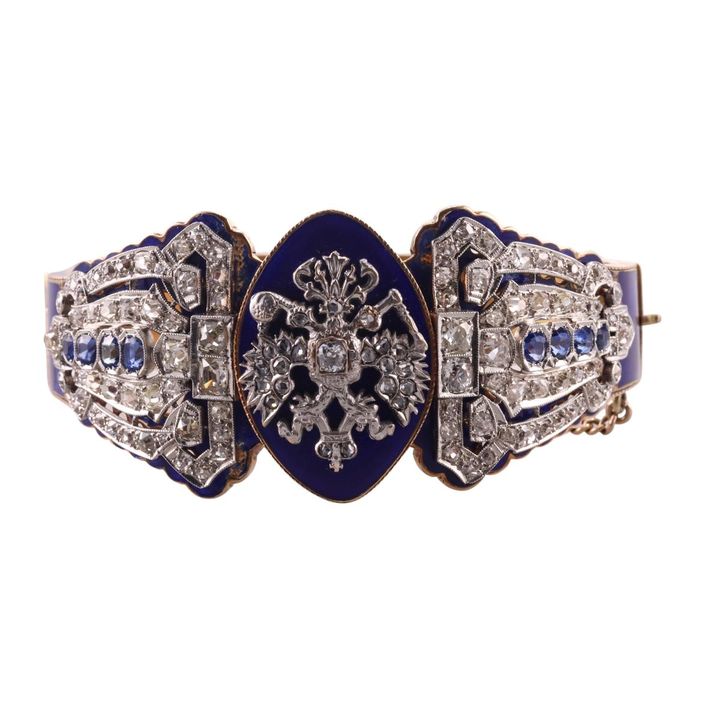 Antique 14k Gold 4.25ctw Diamond Sapphire Enamel Bracelet