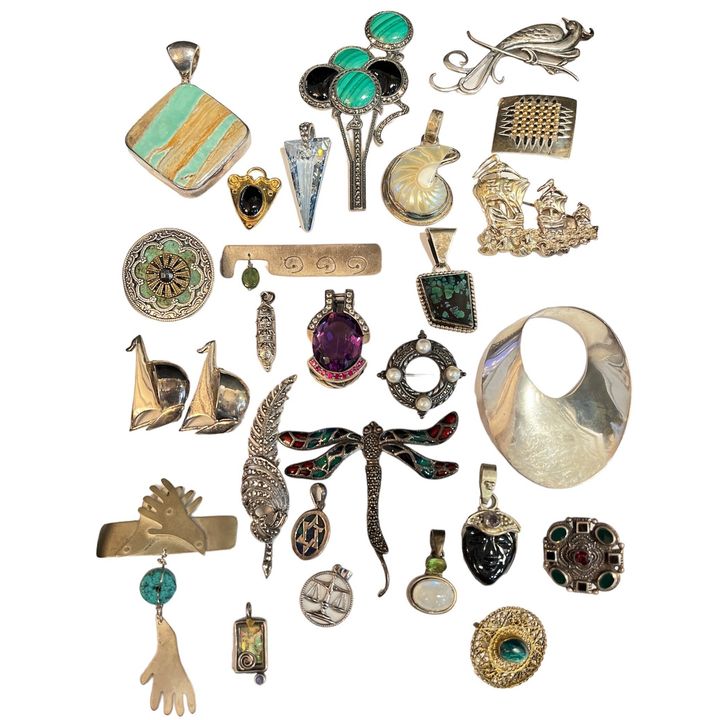 Sterling Silver, Diamond, Marcasite & Gemstone Necklace Pendants, Brooches