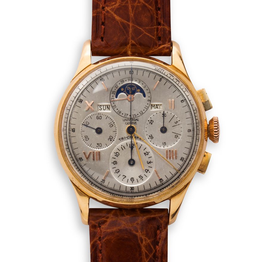An eighteen karat rose gold wristwatch, Tri-Compax Chronograph, Universal Geneve