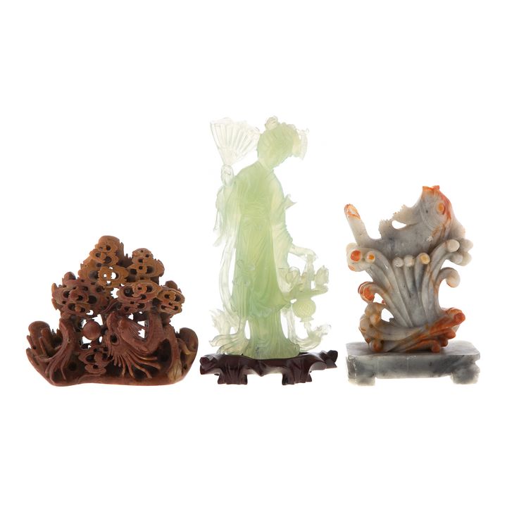 Three Chinese Carved Jade & Hardstone Figures