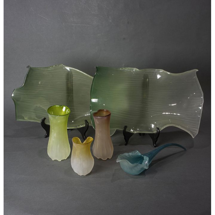 A group of five Nikolas Weinstein colored glass vessels and sculptures