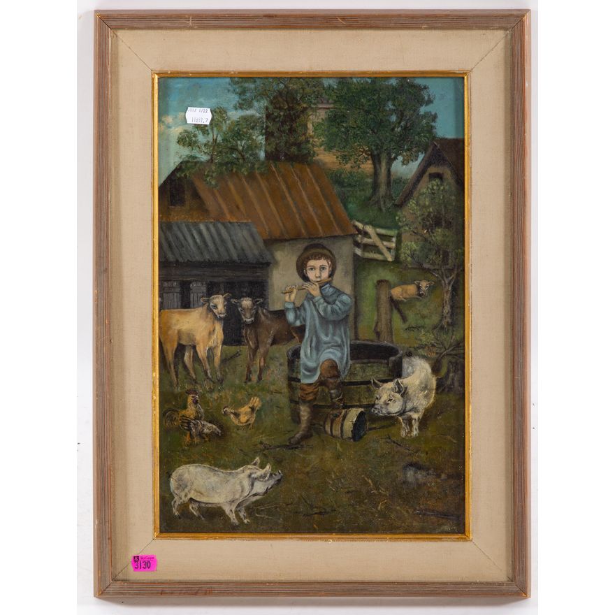 American School, 19th c. Boy Playing Flute, oil