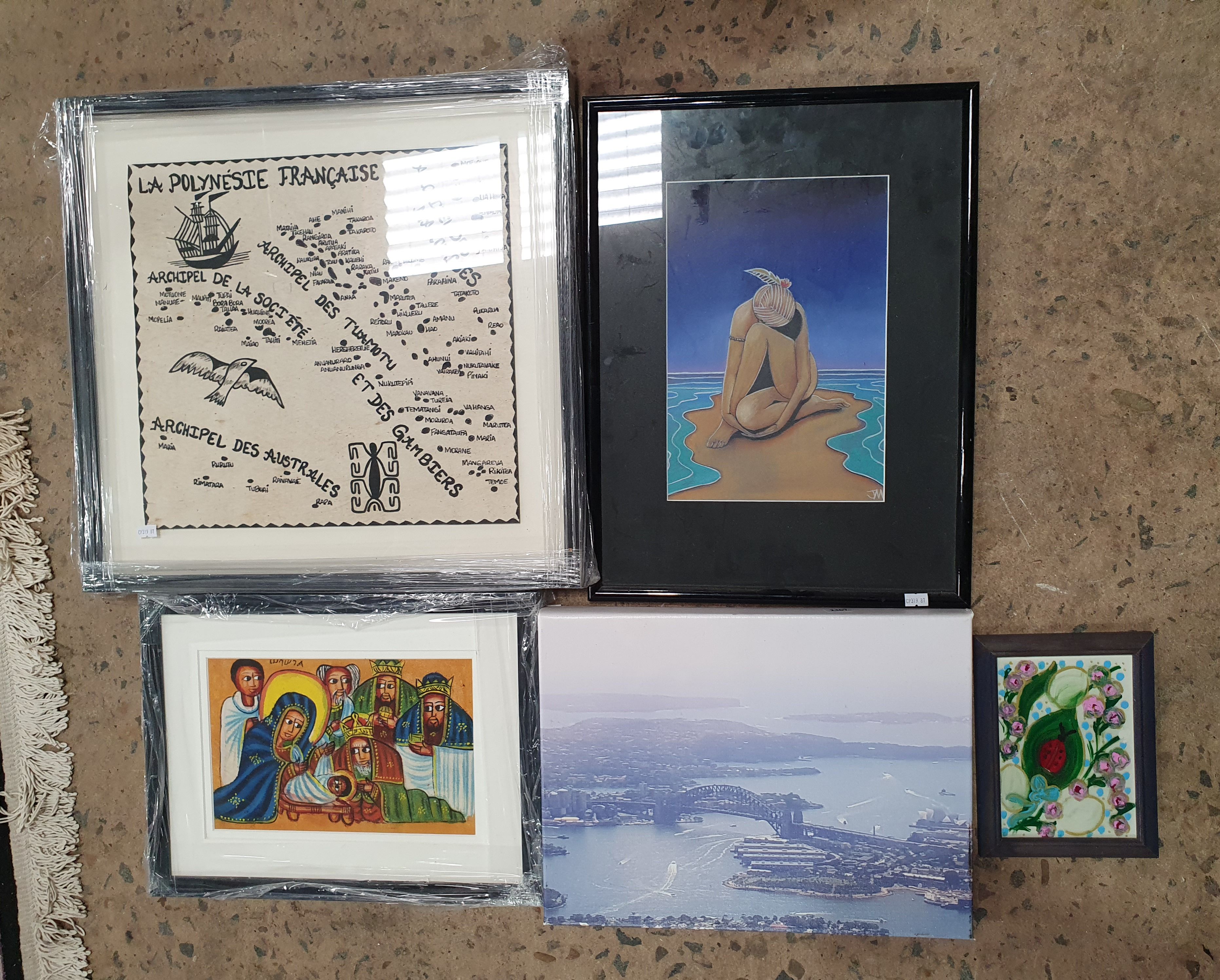 2422 · THREE ORIGINAL ARTWORKS AND A PRINTED CANVAS