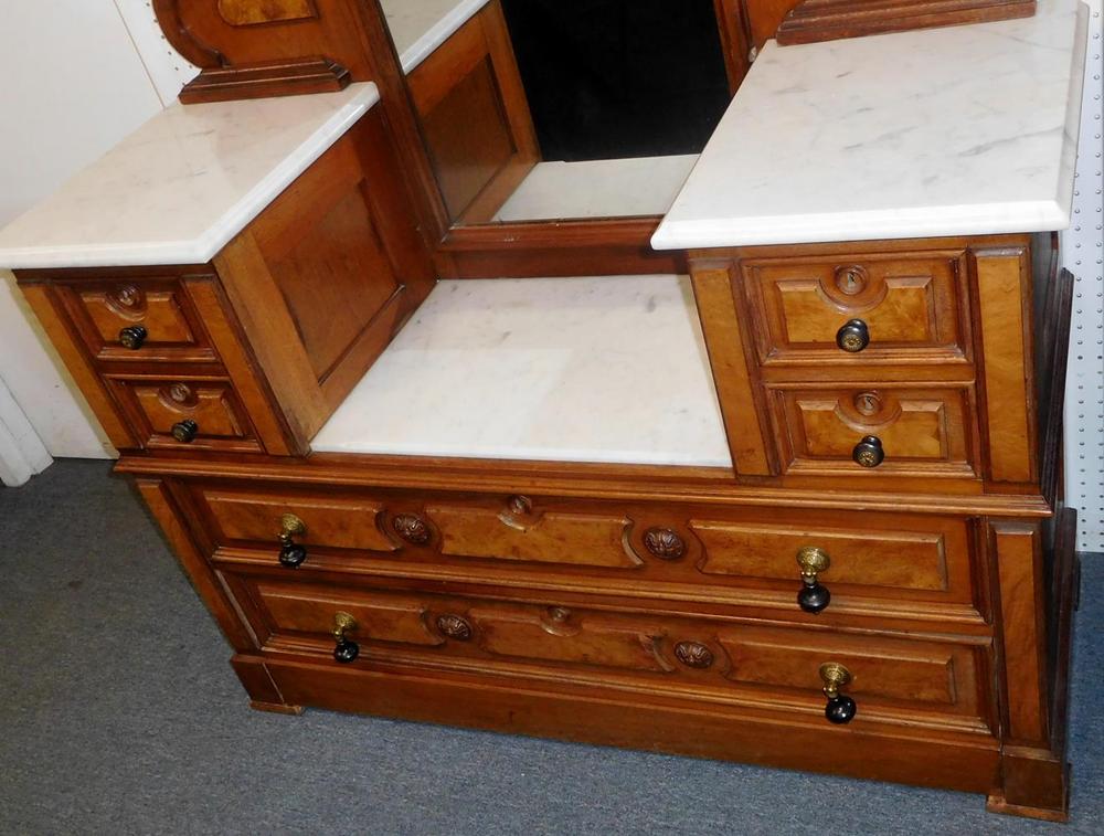 Antique Victorian Walnut Burl Step Down Marble Top Dresser W