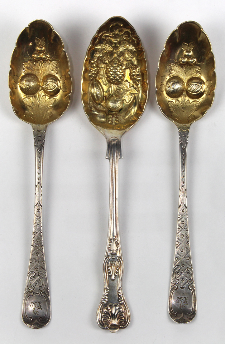 (lot of 3) English sterling silver and gilt wash berry spoons, two with...
