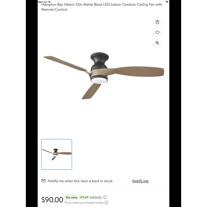 Hampton Bay Halwin 52'' Matte Black LED Indoor Ceiling Fan w/ Remote Control- 11.79'' H x 52'' W x 52'' D
