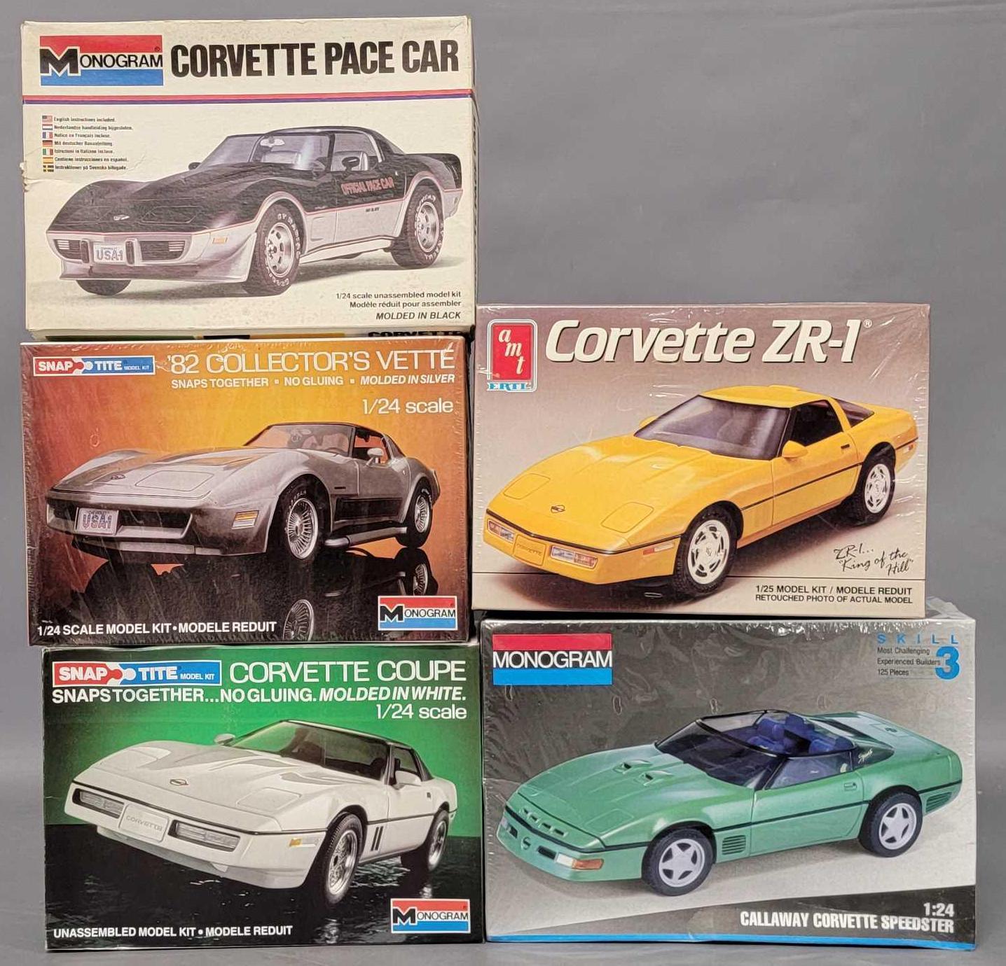 Five model kits Monogram and AMT 1/24 scale Chevy Corvette unbuilt