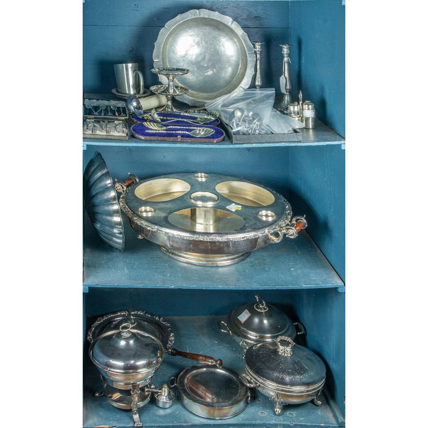 Three bins of mostly silver plate table articles including serving pieces