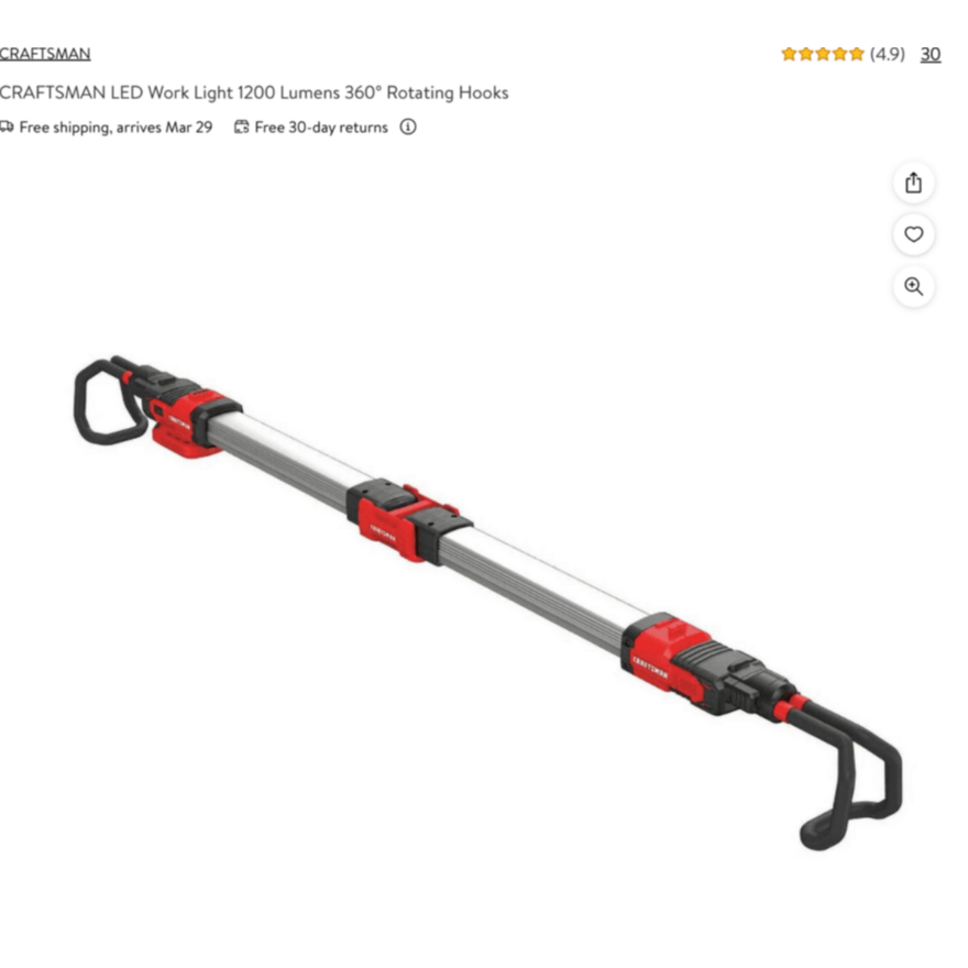 Craftsman LED Work Light/Automotive Hood Light 1200 Lumens 360� Rotating Hooks - Tool Only No Battery Or Charger
