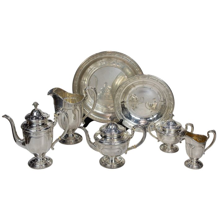 A Towle Louis XVI sterling hot beverage set: a 6 1/2 Pints coffee pot, a 5/12 Half Pints tea pot, a covered sugar, a creamer, water ...
