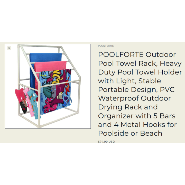 Poolforte Outdoor Pool Towel Rack- Weatherproof PVC Acrylic, 5 Bars & 4 metal Hooks