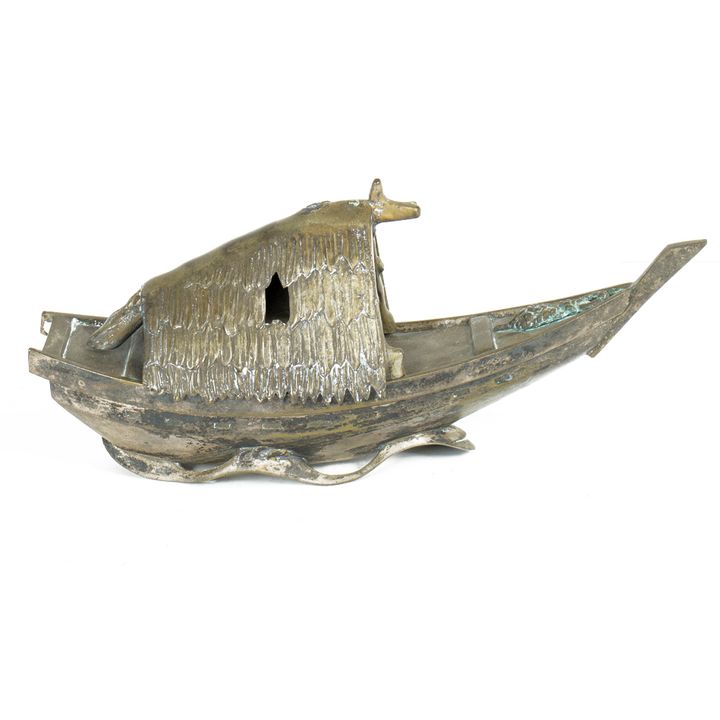 A Japanese bronze incense burner in boat form with removable cover