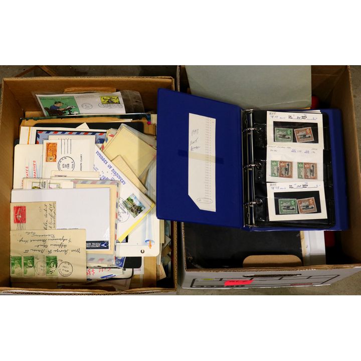 Two boxes of predominantly United States material with additional worldwide material mixed in, including mint postage in sheets and ...