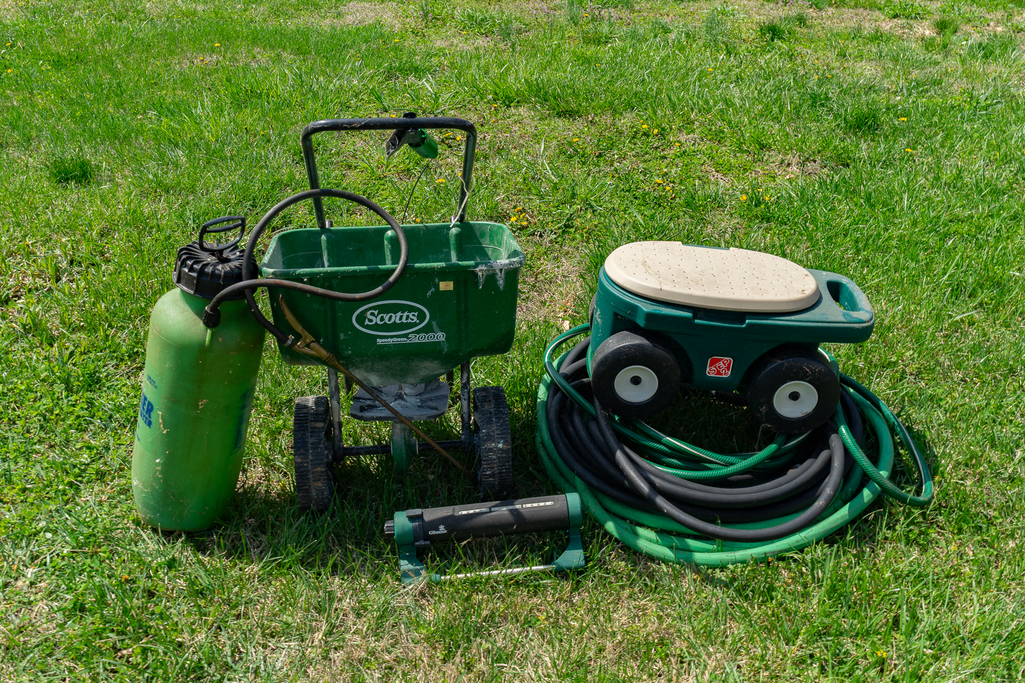 Lawn Seeder, Sprayer, Sprinkler, Hoses & Step 2 Rolling Garden Stool ...