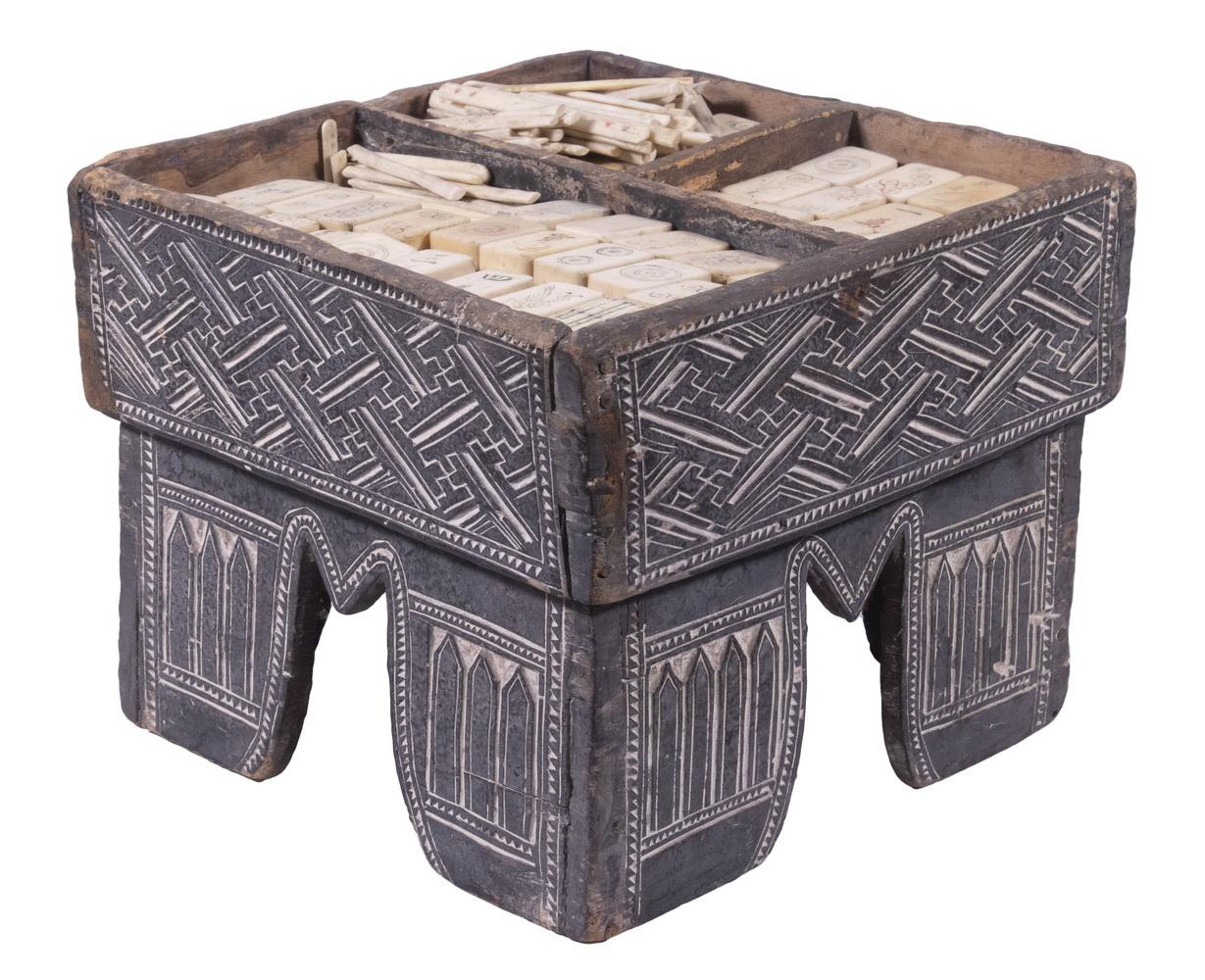 ANTIQUE MAHJONG SET IN CARVED WOODEN BETEL NUT BOX
