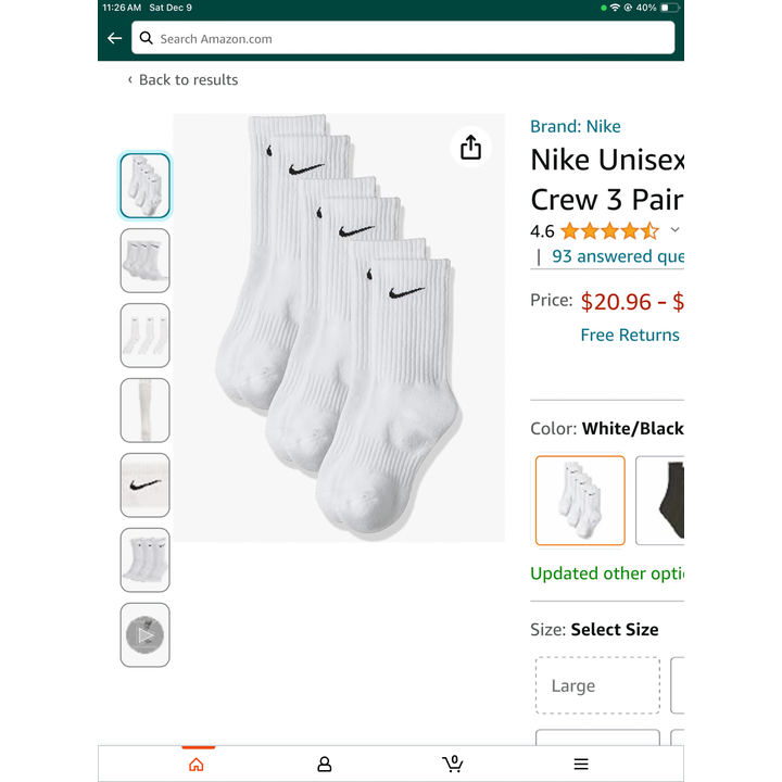 Nike Unisex Everyday Cushion Crew (3 Pair- Size Large- White)