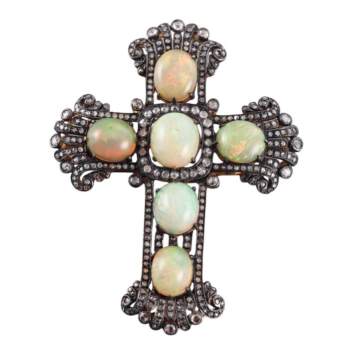 Silver Gold Diamond Opal Cross Pendant Brooch