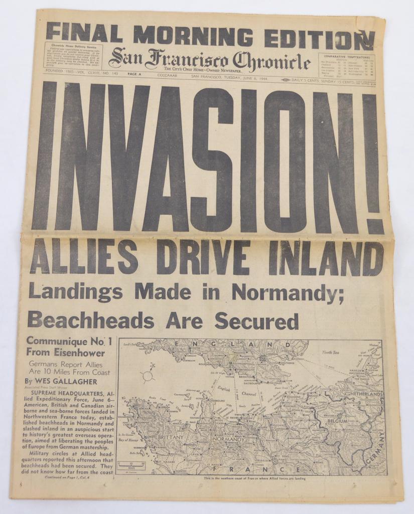 Tuesday June 6, 1944 San Francisco Chronicle Newspaper D-Day 