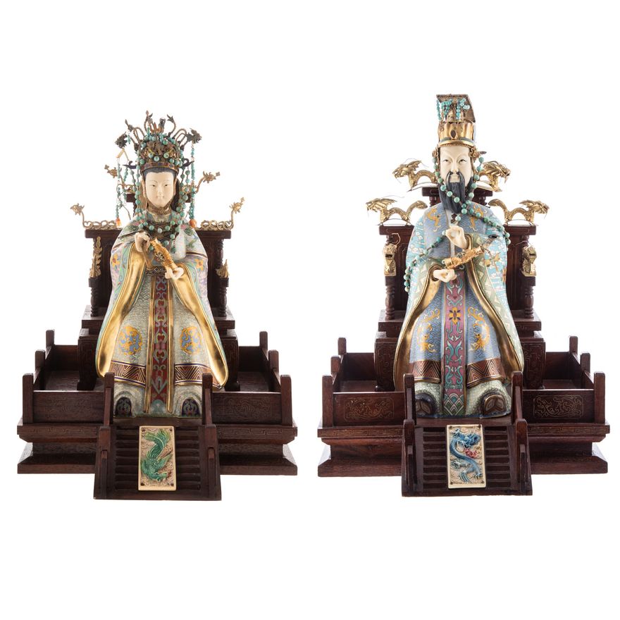 Chinese Cloisonne & Wood Emperor & Empress