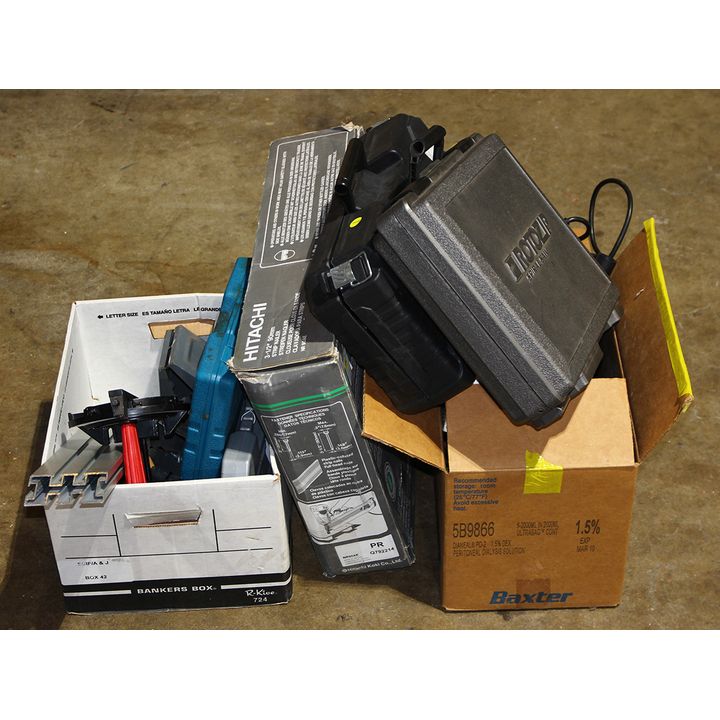 (lot of 10+) Assorted tool group, including a Hitachi nail gun, a Skil saw, drill chargers, a Dwell Tachometer, drill bits, etc