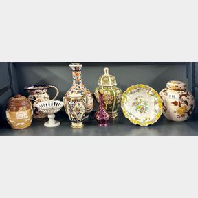A group of mixed ceramic items including Masons, Doulton and Japanese Imari.