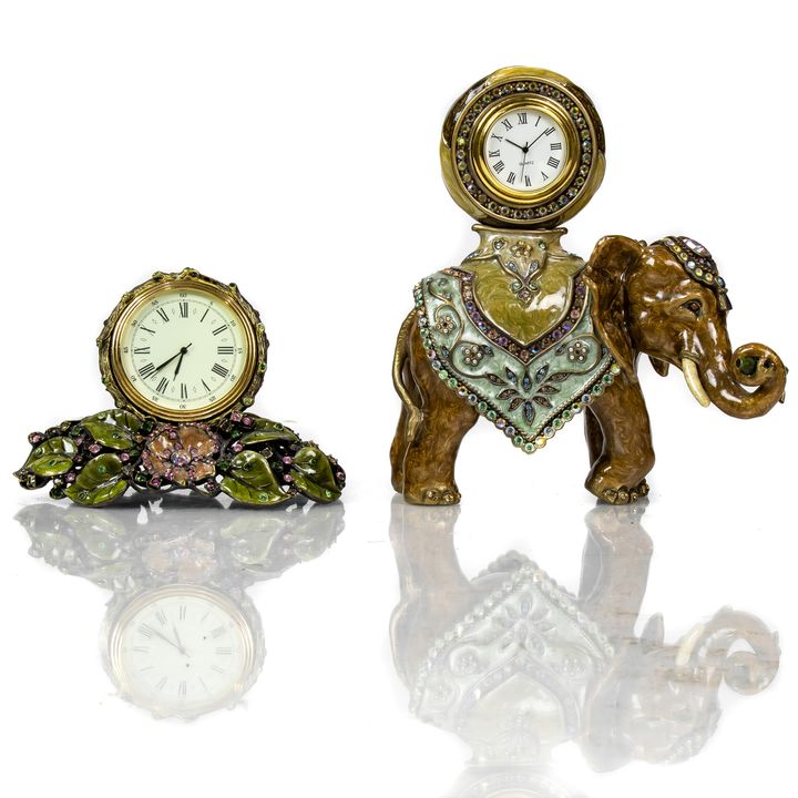 (lot of 2) Jay Strongwater enamel and Swarovski crystal decorated figural desk clocks