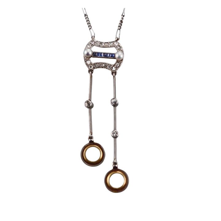 Platinum Gold Diamond Pearl Sapphire Lavalier Pendant Necklace