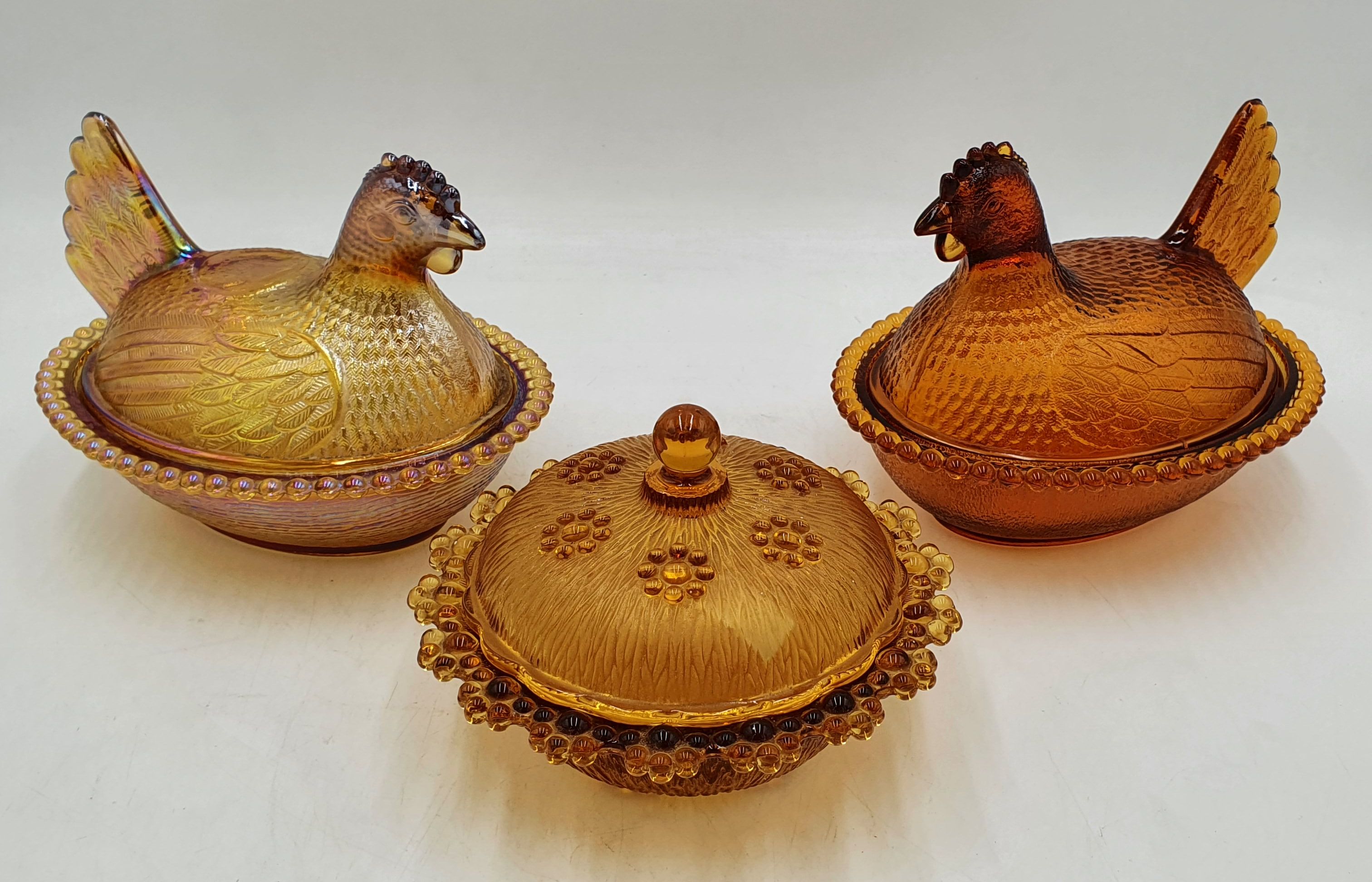 Two Vintage Amber Glass Hen On Nests