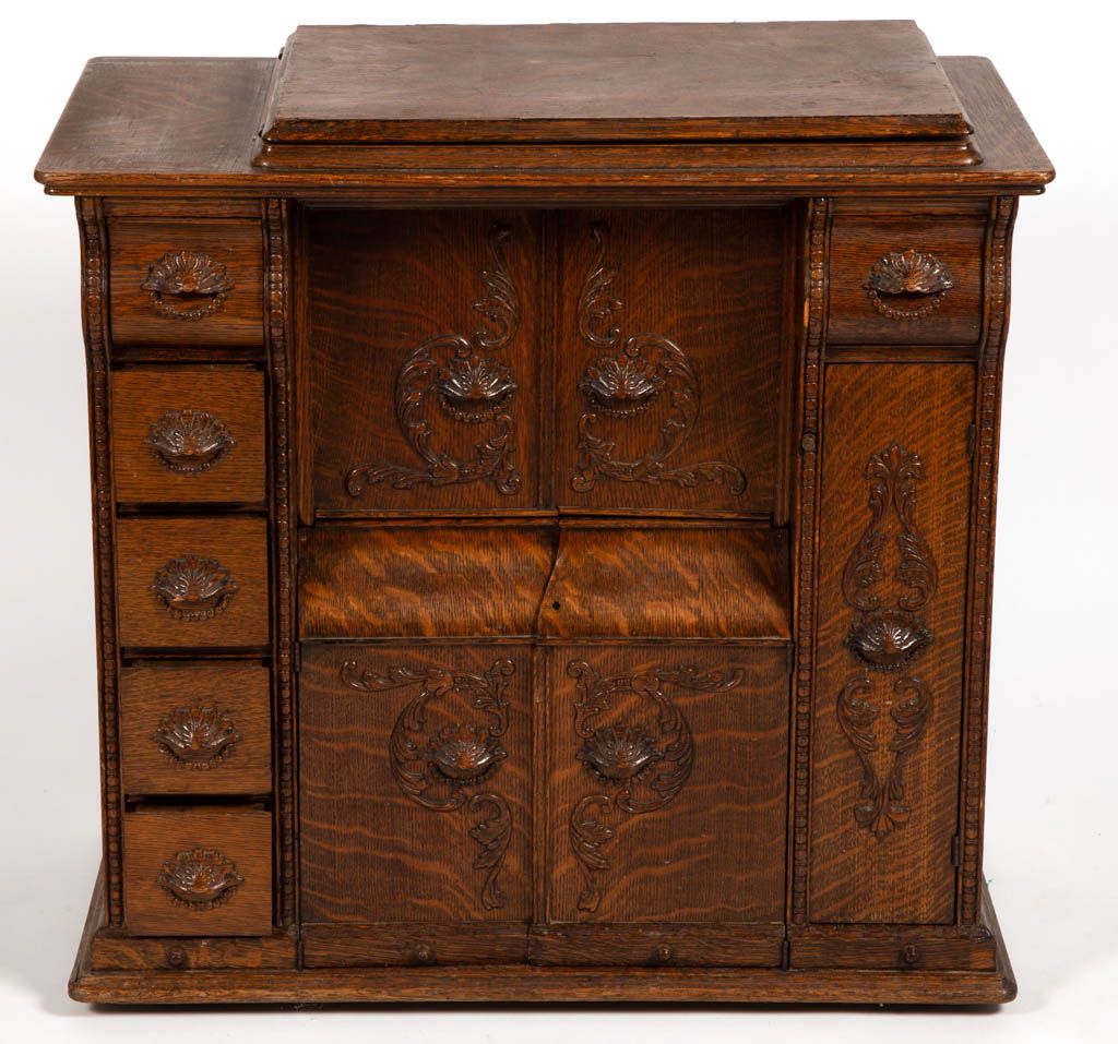 SINGER CARVED OAK VENEER SEWING MACHINE / BASE Barnebys