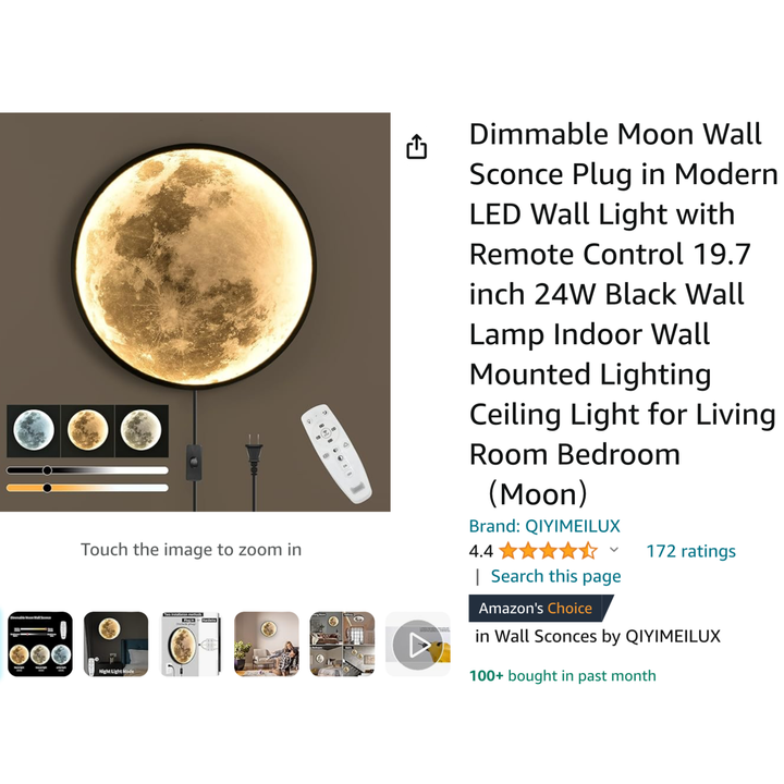 Qiyimeilux Dimmable Moon Wall Sconce Plug In Modern LED wall light w/ Remote Control 19.7"x24" (Black-Moon)