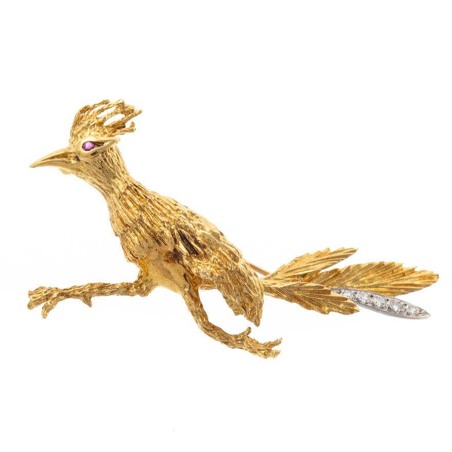 An 18K Ruby & Diamond Roadrunner Brooch