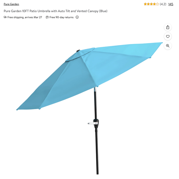 Pure Garden 10 Ft Patio Umbrella With Auto Tilt & Vented Canopy (Blue)