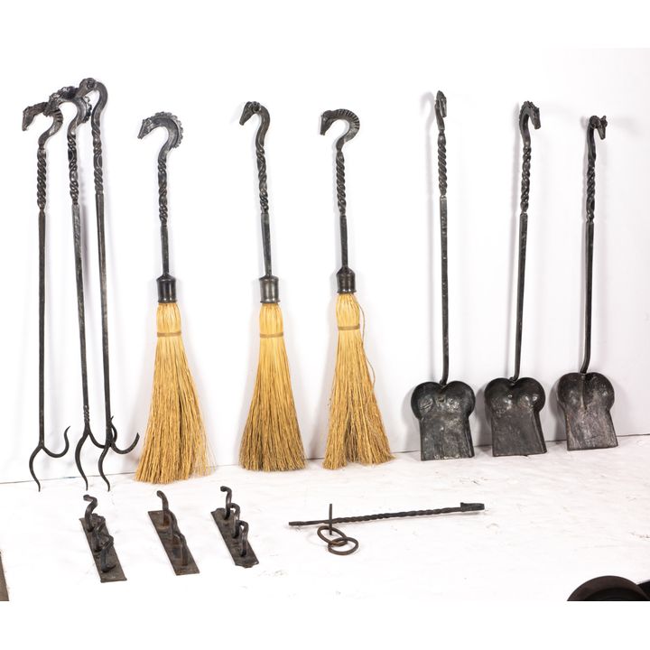 (Lot of 13) Three Baroque style wrought iron firetool sets
