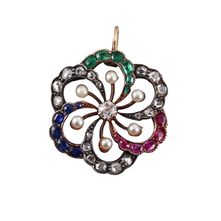 Antique 18k Gold Silver Diamond Pearl Ruby Sapphire Emerald Pendant
