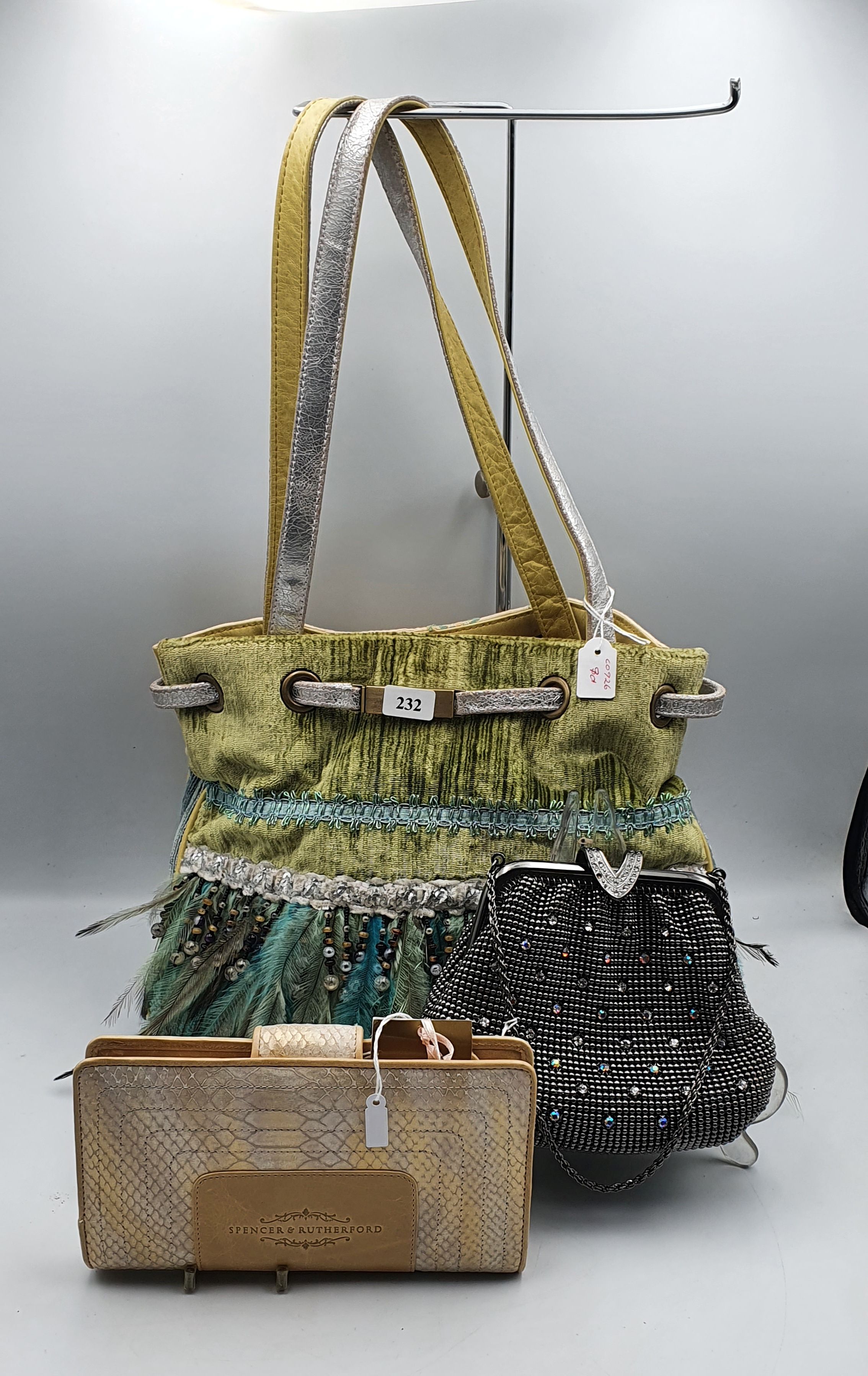 232 · A SPENCER RUTHERFORD LEATHER WALLET AND FABRIC HANDBAG TOGETHER WITH AN EVENING BAG