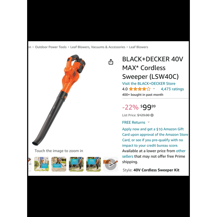 Black And Decker 40V Max Cordless Hard Surface Sweeper (LSW40C)